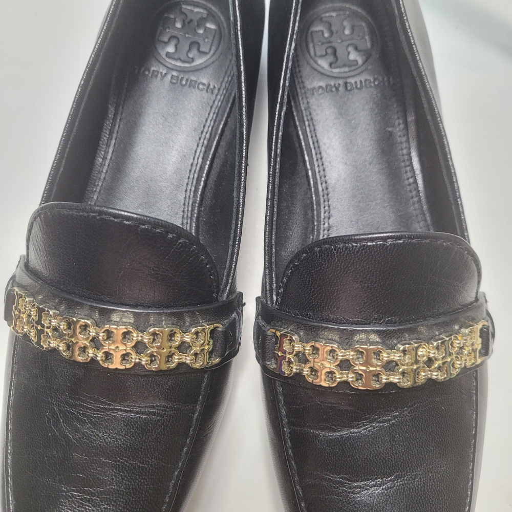 Tory Burch Black Leather Loafers with Gold Chain Accent